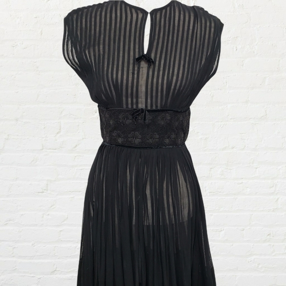 VINTAGE Mid Century Sheer Black Pleated Dress 24" Waist S Semi Open Back R&K VG - Picture 3 of 15